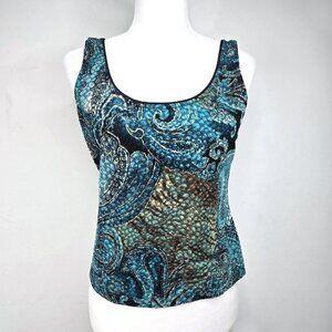 Vintage Alex Evenings Petite Square Neck Gold Black Art To Wear Top Y2K